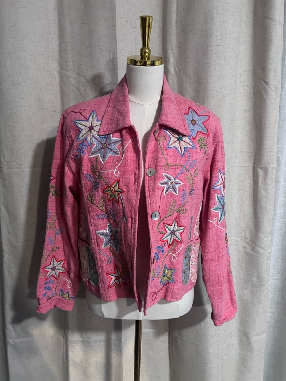 Yak Magik Pink Embroidered Floral Blazer Jacket - Women's Casual Button Front